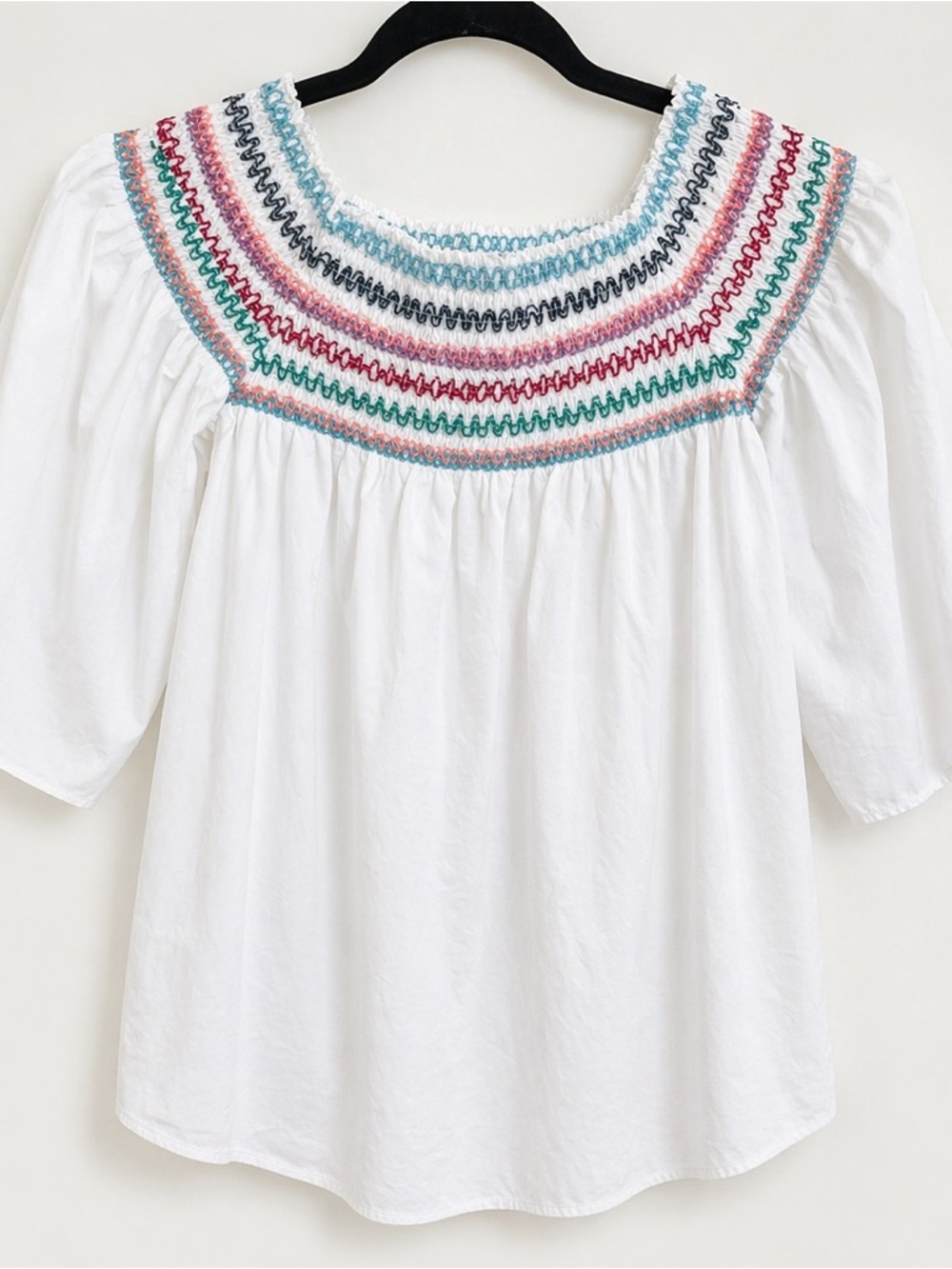 Parker White Embroidered Smocked Peasant Top Size Small